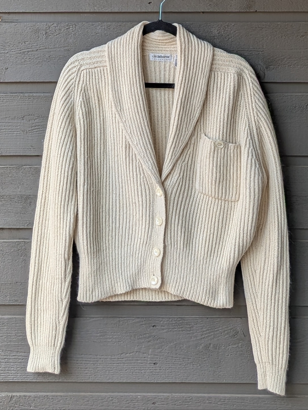 VTG 80s Liz Claiborne Collection Cream Ribbed Button-Front Cardigan Silk Angora - Picture 7 of 7